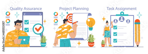 Project Management set. Ensuring quality, outlining strategy, delegating tasks. Productivity workflow, team dynamics. Flat vector illustration.