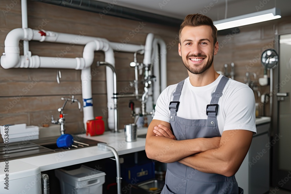 Smiling Plumber, Handsome Positive Sanitary Technician in Kitchen, Generative AI Illustration Smiling Plumber, Handsome Positive Sanitary Technician in Kitchen, Generative AI Illustration