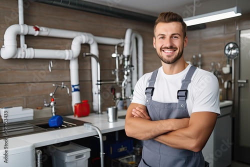 Smiling Plumber, Handsome Positive Sanitary Technician in Kitchen, Generative AI Illustration