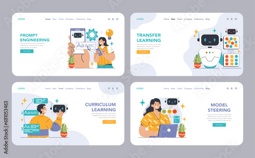 Prompt-engineers writing a command to a artificial neuron network web or landing set. Artificial intelligence development. Character using AI to create a text or an image. Flat vector illustration