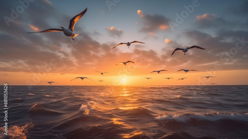 Oiseaux volant dans le ciel au dessus de la mer et d'un coucher de soleil. Ambiance calme, paradis, coloré. Paysage. Pour conception et création graphique
