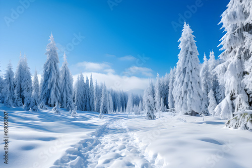 Snow-covered forest in the winter mountains, © ELmahdi-AI