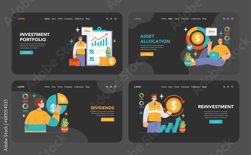 Reinvestment dark or night mode web or landing set. Professionals navigating financial growth, dividends to compound interest. Portfolio management, capital gains. Flat vector illustration.