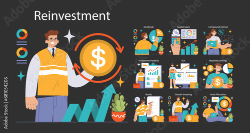 Reinvestment dark or night mode set. Professionals navigating financial growth, dividends to compound interest. Portfolio management, capital gains exploration. Flat vector illustration.