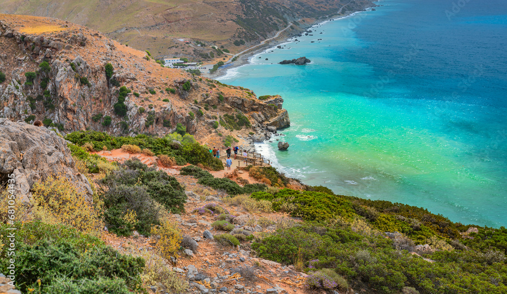 Fototapeta premium View famous beach with river and palm trees in Libyan sea. Crete, Greece