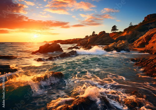 Beautiful seascape with rocks and waves, sunset on the ocean