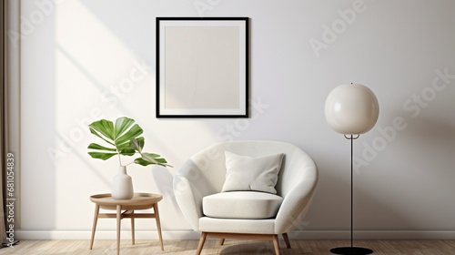 A simple white frame on a plain wall in a living room with a comfortable armchair  a small round table  and a floor lamp.