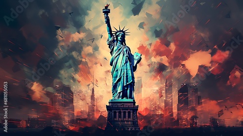 The United States close up flag on a grunge backdrop statue of liberty, ideal as a background for 4th of July celebrations. © Damerfie
