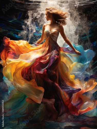 A Woman Floating Under the Water in a Vibrant, Multicoloured Flowing Dress. Young woman floating gracefully under water in a colourful flowing dress.