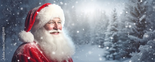 Santa Claus smilling portrait in winter landscape, snowy panorama. Generative Ai. © annamaria