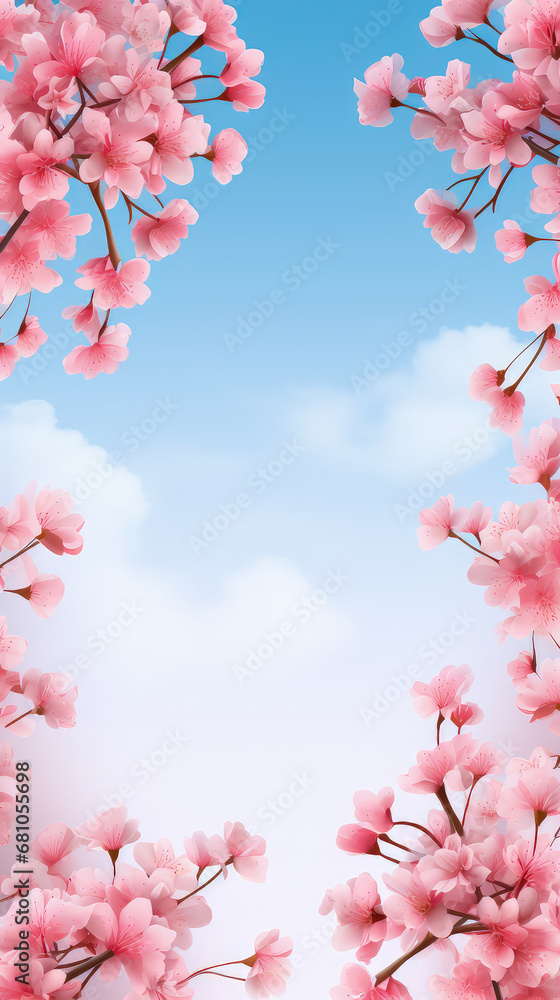 Spring background with blooming tree branches and green leaves on sky background with copy space