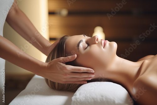 Young woman enjoying a head massage in a spa salon with zen ambient. Relax and wellness.