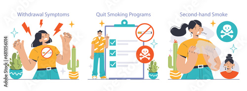 Smoking cessation set. Woman faces withdrawal symptoms, man explores quit smoking programs, dangers of second-hand smoke revealed. Healthier choices, awareness raised. vector illustration photo