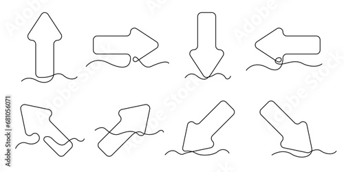 Black arrow set icon line continuous drawing vector. One line Black arrow in a circle icon vector background. Arrow direction icon. Continuous outline of Multidirectional arrow set.