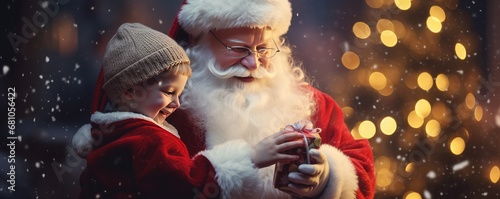 Santa Claus is gifting little kids near christmas tree  panorama. Generative Ai.