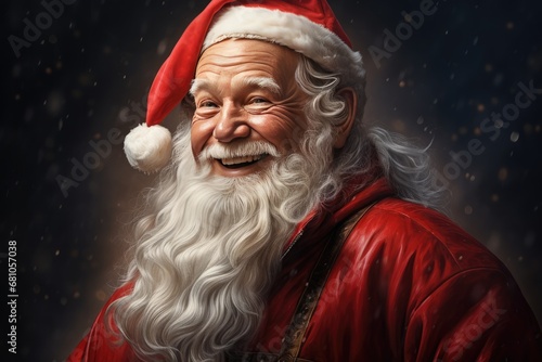 Santa Claus smilling portrait on dark background. Generative Ai.
