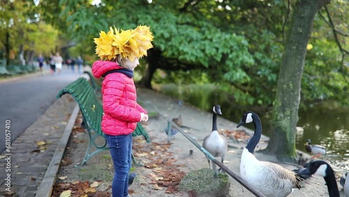 Adorable preschooler girl in yellow maple leaves wreath feeding geese on a nice autumn day in Montsouris park of Paris photo