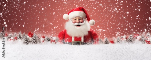 Santa Claus is holding adertisement banner with copy space, panorama. Generative Ai. © annamaria