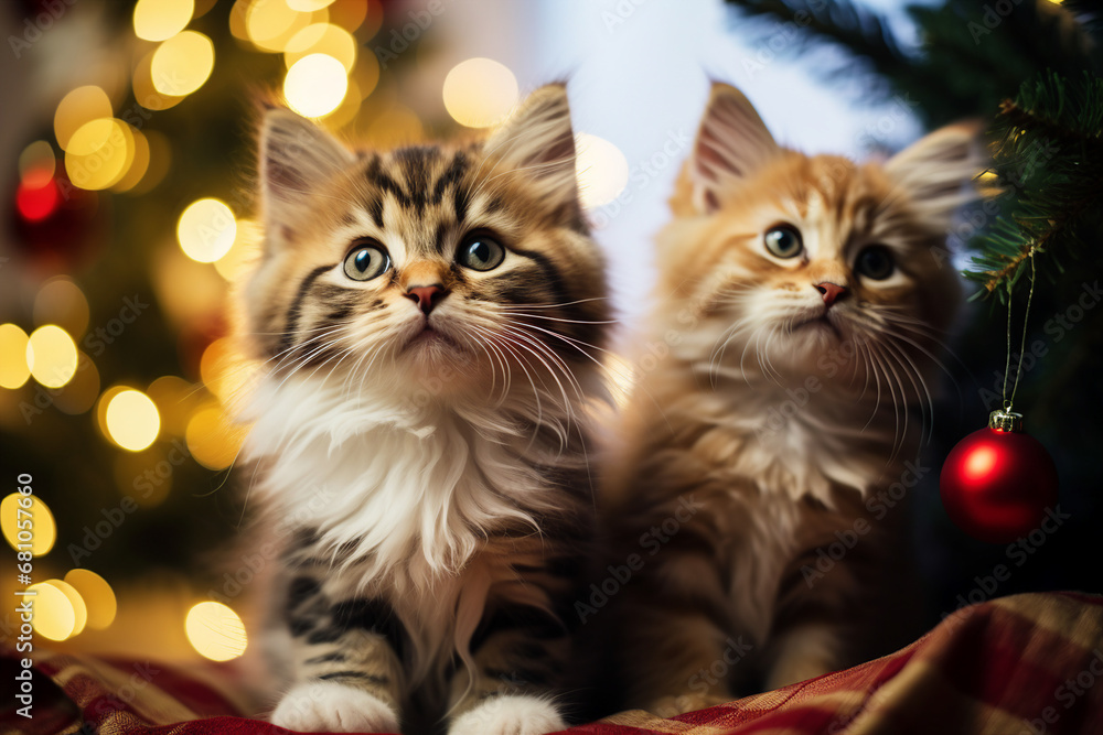 Charming couple of small kittens chtistmas  festive atmosphere sitting on blanket Generative AI picture
