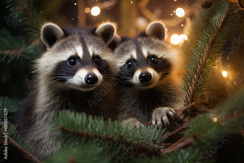 Charming couple of she and him raccoons spending chtistmas festive atmosphere Generative AI picture