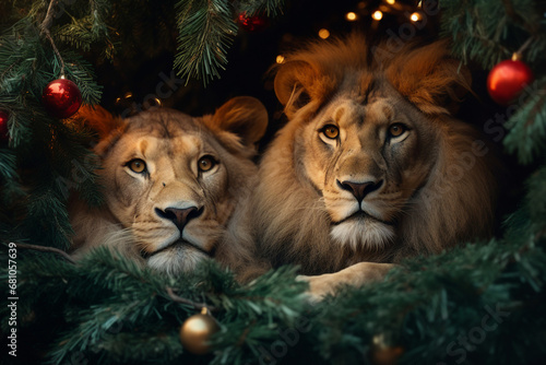 Charming couple of wild cats lion lioness together festive atmosphere Generative AI picture