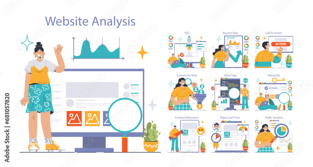 Fototapeta premium Website analysis set. Conversion rate and traffic analysis. Experts analyzing website performance. User engagement strategy. SEO optimization. Flat vector illustration