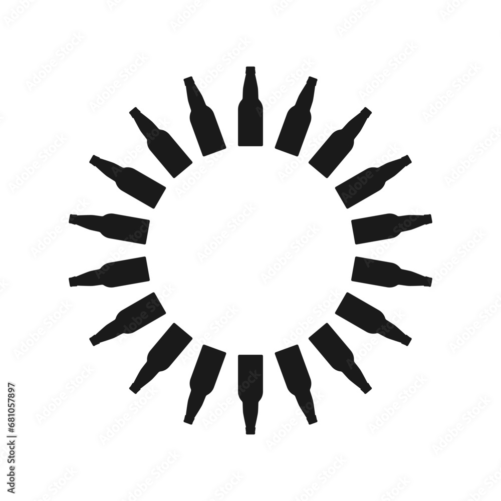 Round frame made of glass beer bottles. Vector silhouettes. Circle shape.