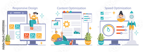 Website optimization set. Tailoring user-friendly web interfaces, enhancing content relevance. Rocketing webpage load times. Flat vector illustration.