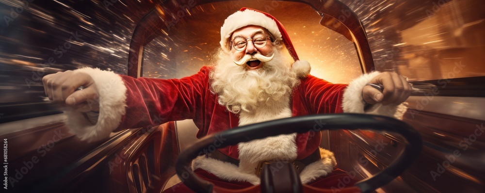 Santa Claus is driving car with fast delivery christmas presents, panorama. Generative Ai.