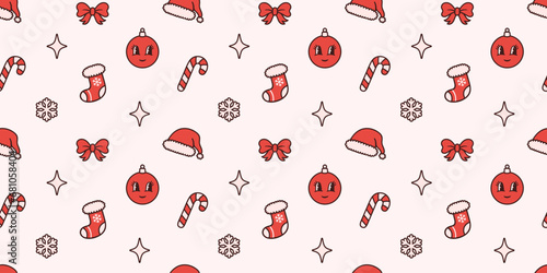 Christmas groovy seamless pattern. Trendy design with hand drawn baubles and winter elements. Holiday background, cover, wrapping paper.