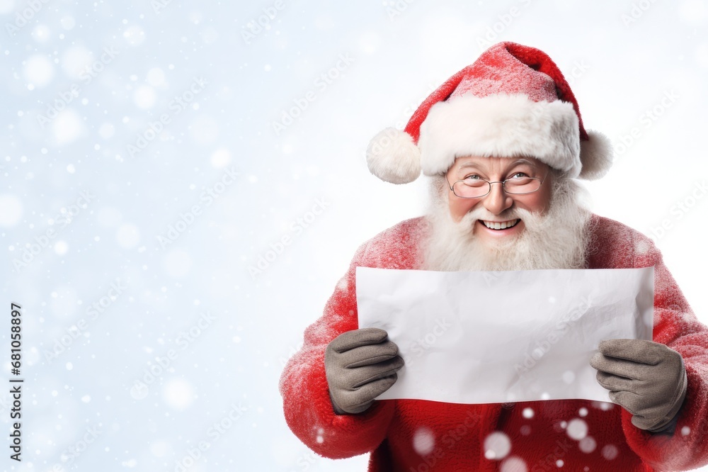 Santa Claus is holding kids wish list with copy space, christmas concept. Generative Ai.