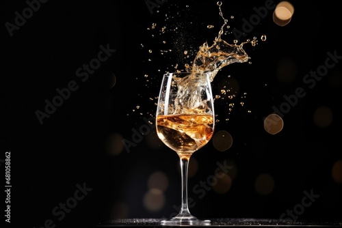 whiskey splashing out of a glass on a black background.