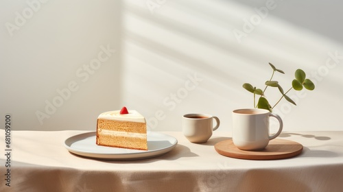  a piece of cake on a plate next to a cup of coffee and a potted plant on a table with a white table cloth and a white wall in the background.