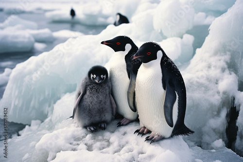 A family of penguins huddled together on an icy shore  the contrast between their black and white plumage captured in crisp detail