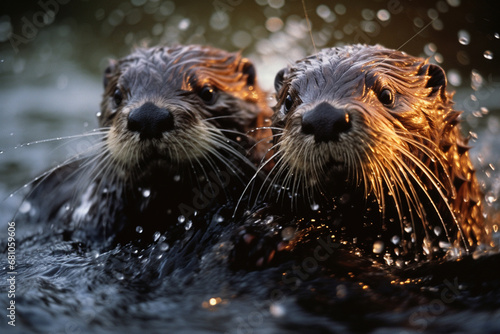 A pair of playful otters frolicking in a clear stream, the water droplets and sleek fur captured in sharp detail © Oleksandr