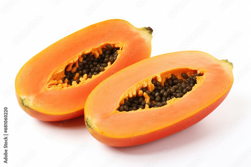 Ripe papaya with cut in half isolated on white background. Ripe papaya with cut in half isolated on white background.