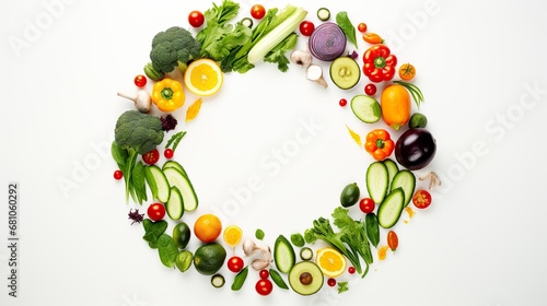 Various Vegetables And Healthy Food In Circle On White Background
