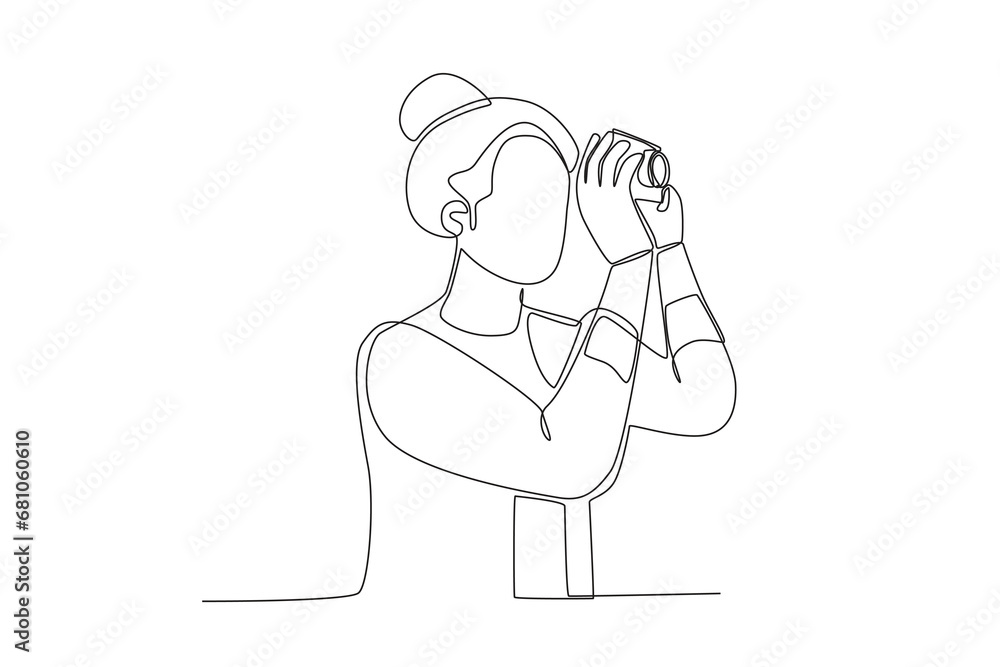 Continuous one line drawing active happy a woman who is capturing moments with a camera while traveling. Trip and holiday concept. Single line draw design vector illustration
Continuous one line drawing active happy a woman who is capturing moments with a camera while traveling. Trip and holiday concept. Single line draw design vector illustration