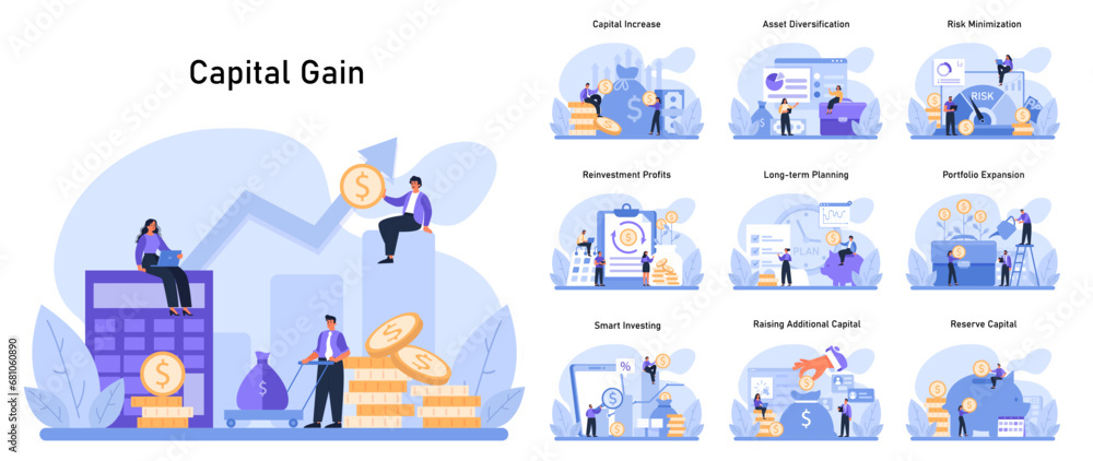 Capital Gain set. Enhancing financial growth through strategic investments. Methods of increasing wealth, securing assets, and ensuring future prosperity. Flat vector illustration.