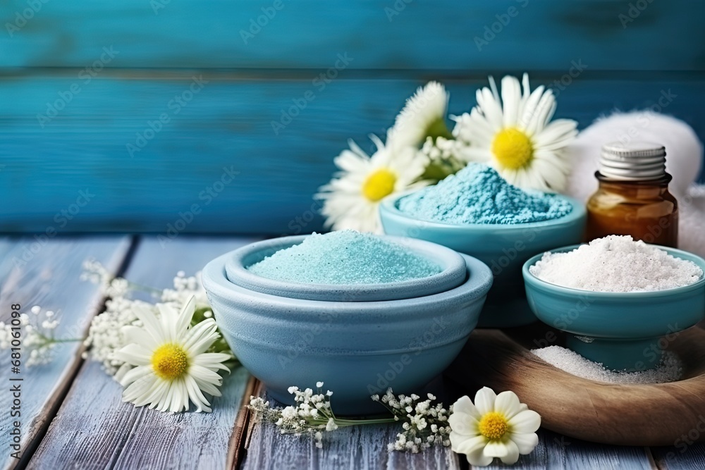 Spa Treatments on Blue Wooden Table Background, Massage Salon Mockup, Generative AI Illustration Spa Treatments on Blue Wooden Table Background, Massage Salon Mockup, Generative AI Illustration