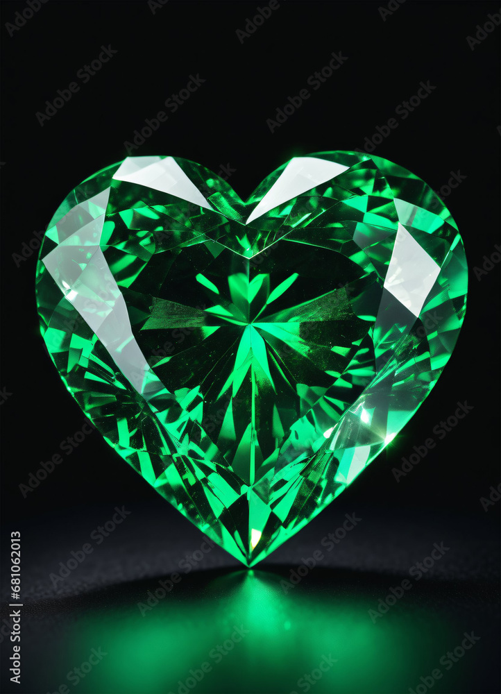 Fototapeta premium Crystal emerald green heart on the black background
