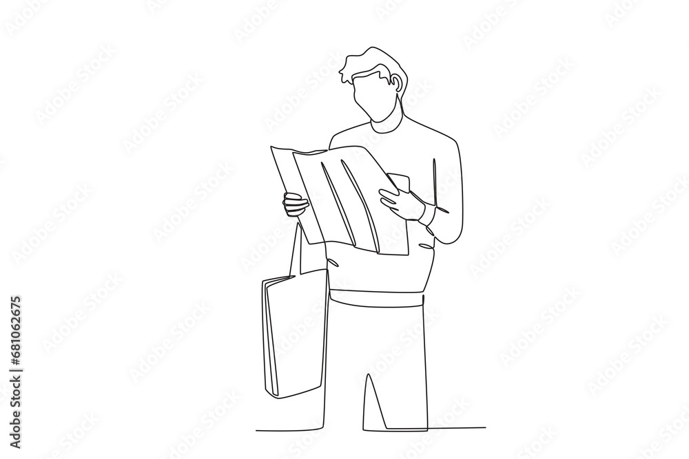 Continuous one line drawing active happy a very man looking at a map while carrying a totebag. Trip and holiday concept. Single line draw design vector illustration
Continuous one line drawing active happy a very man looking at a map while carrying a totebag. Trip and holiday concept. Single line draw design vector illustration