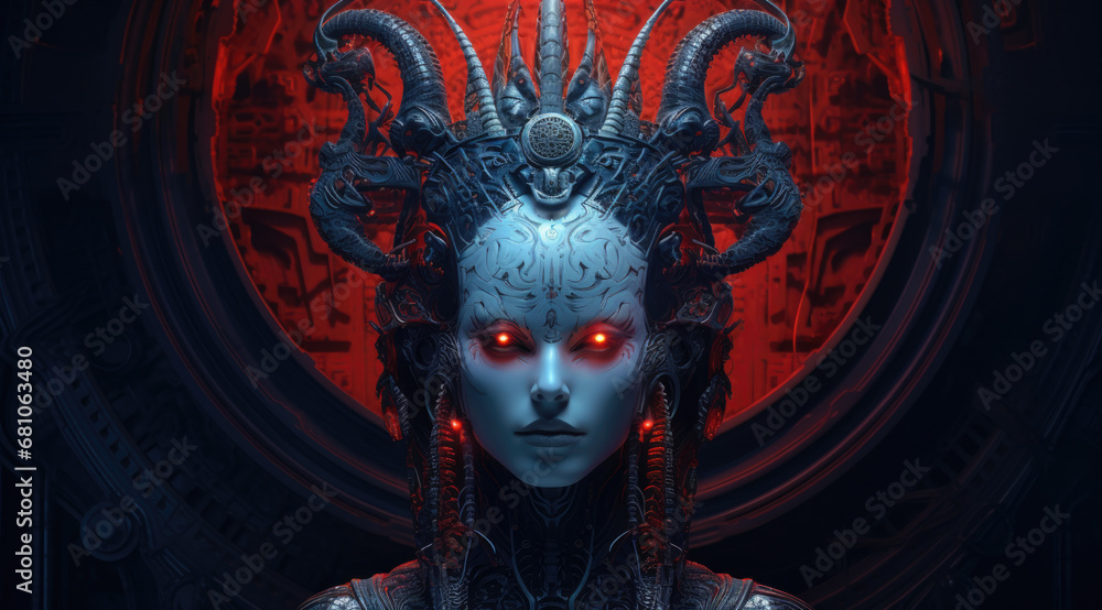 Queen mother of alien hive. An alien woman with glowing eyes, intricate details, spikes and tentacles form a crown on the creature's head. Queen mother of alien hive. An alien woman with glowing eyes, intricate details, spikes and tentacles form a crown on the creature's head.