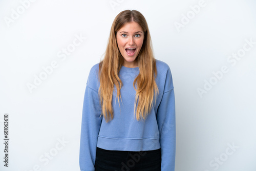 Young blonde woman isolated on white background with surprise facial expression