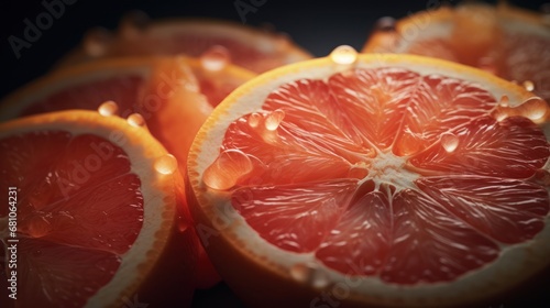  a close up of a grapefruit cut in half with drops of water on the inside of the grapefruit and on the outside of the grapefruit.