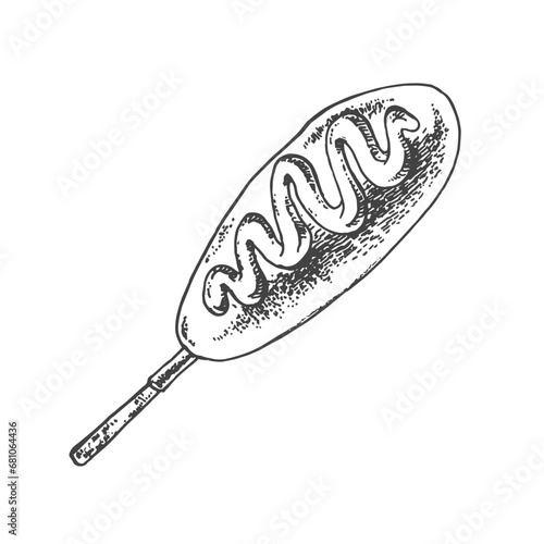 Hand drawn vector corndog illustration. Korean traditional street food. Fried fast food image