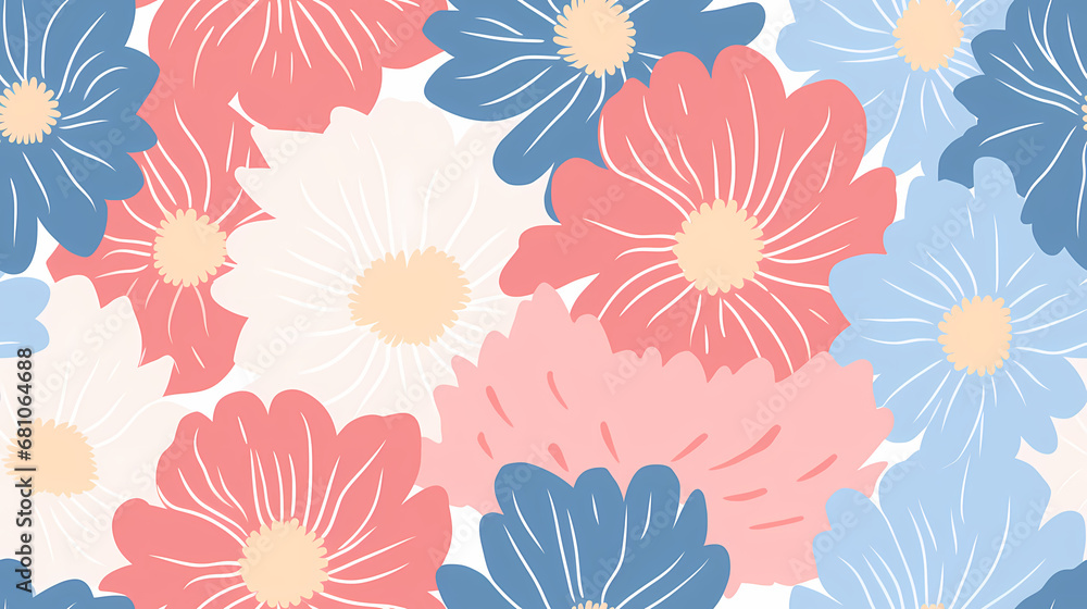 Minimalistischer Risograph-Druck mit Blumen, nahtloses Muster, Hintergrund Minimalistischer Risograph-Druck mit Blumen, nahtloses Muster, Hintergrund