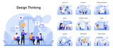 Design Thinking set. Stages of innovative solution finding from user surveys to results analysis. Collaborative brainstorming, ideation, and testing processes. Flat vector illustration