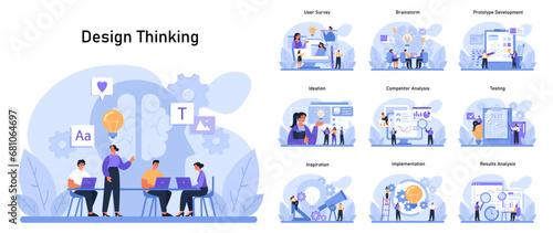 Design Thinking set. Stages of innovative solution finding from user surveys to results analysis. Collaborative brainstorming, ideation, and testing processes. Flat vector illustration photo