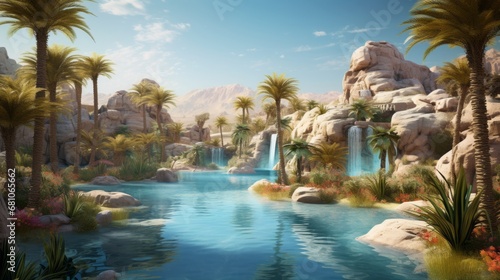 Surreal desert oasis landscape view